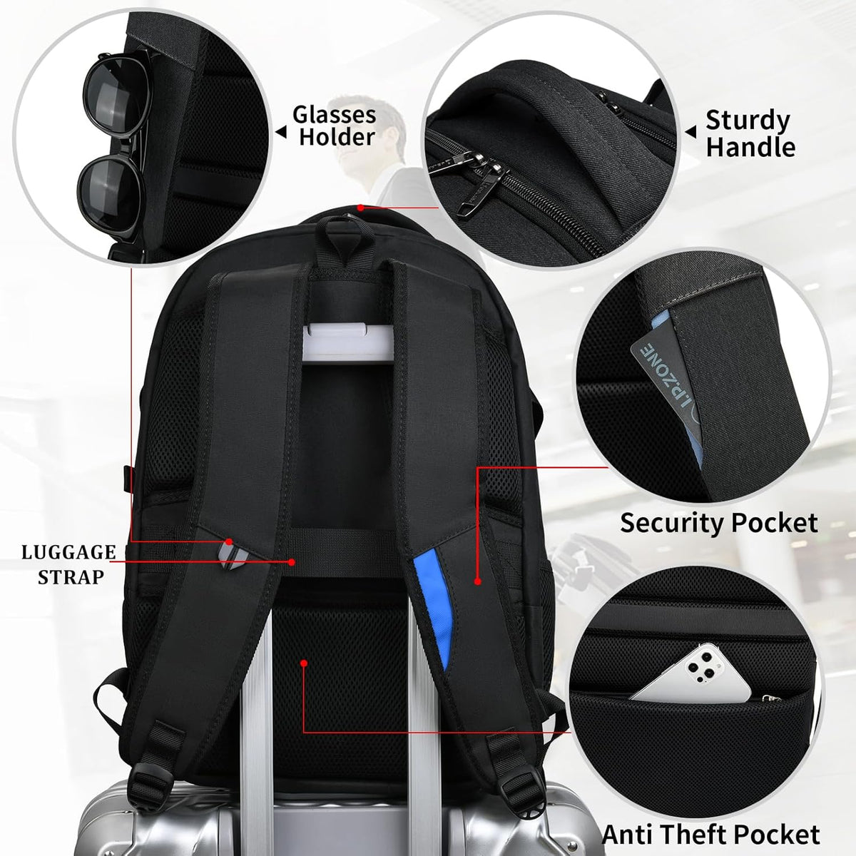 Laptop Backpack Hidden Anti-Theft Pocket Built-In USB Water-Resistant Polyester