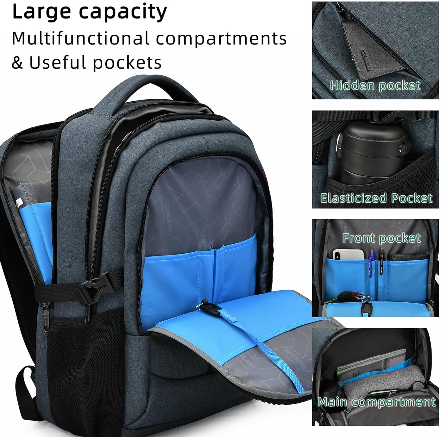Laptop Backpack Hidden Anti-Theft Pocket Built-In USB Water-Resistant Polyester