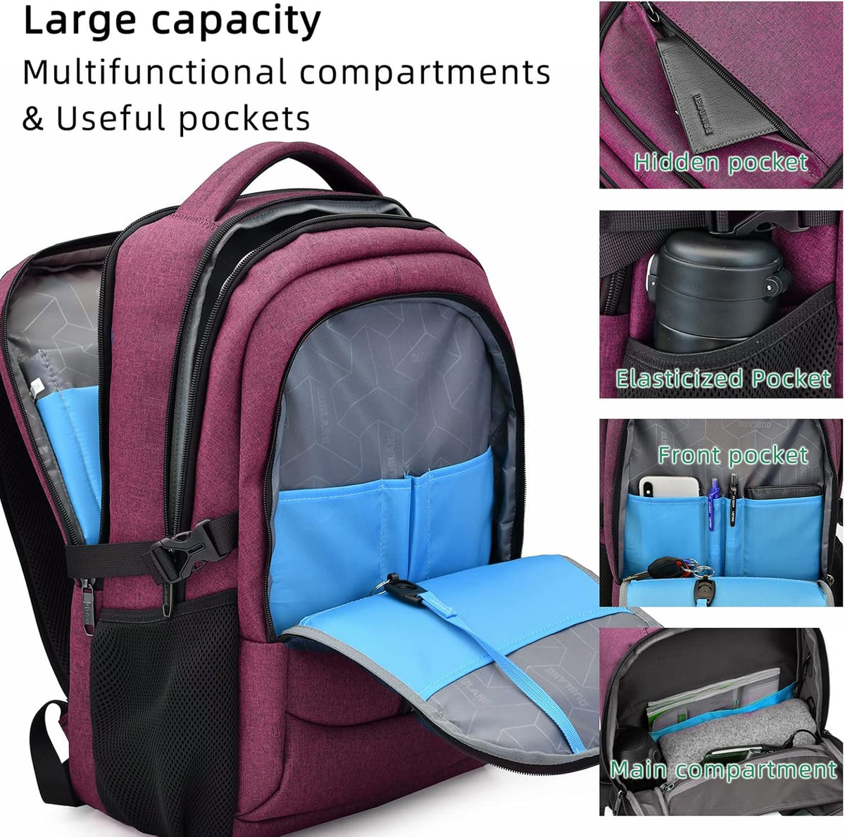 Laptop Backpack Hidden Anti-Theft Pocket Built-In USB Water-Resistant Polyester