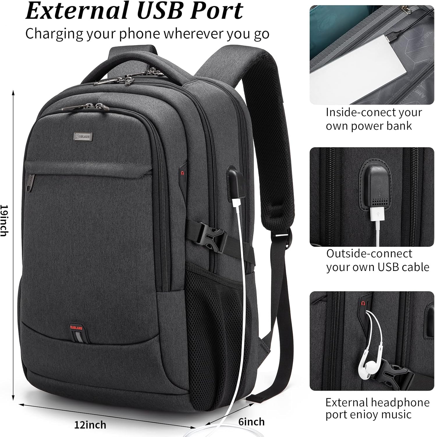 Laptop Backpack Hidden Anti-Theft Pocket Built-In USB Water-Resistant Polyester