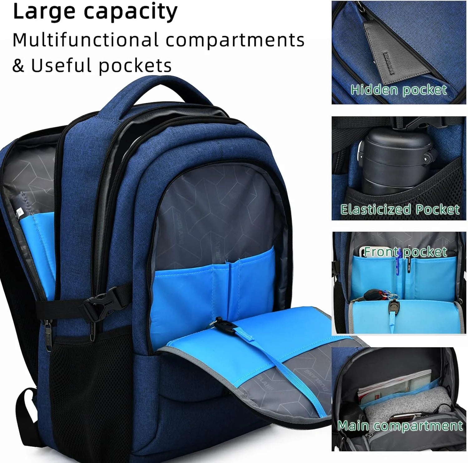 Laptop Backpack Hidden Anti-Theft Pocket Built-In USB Water-Resistant Polyester