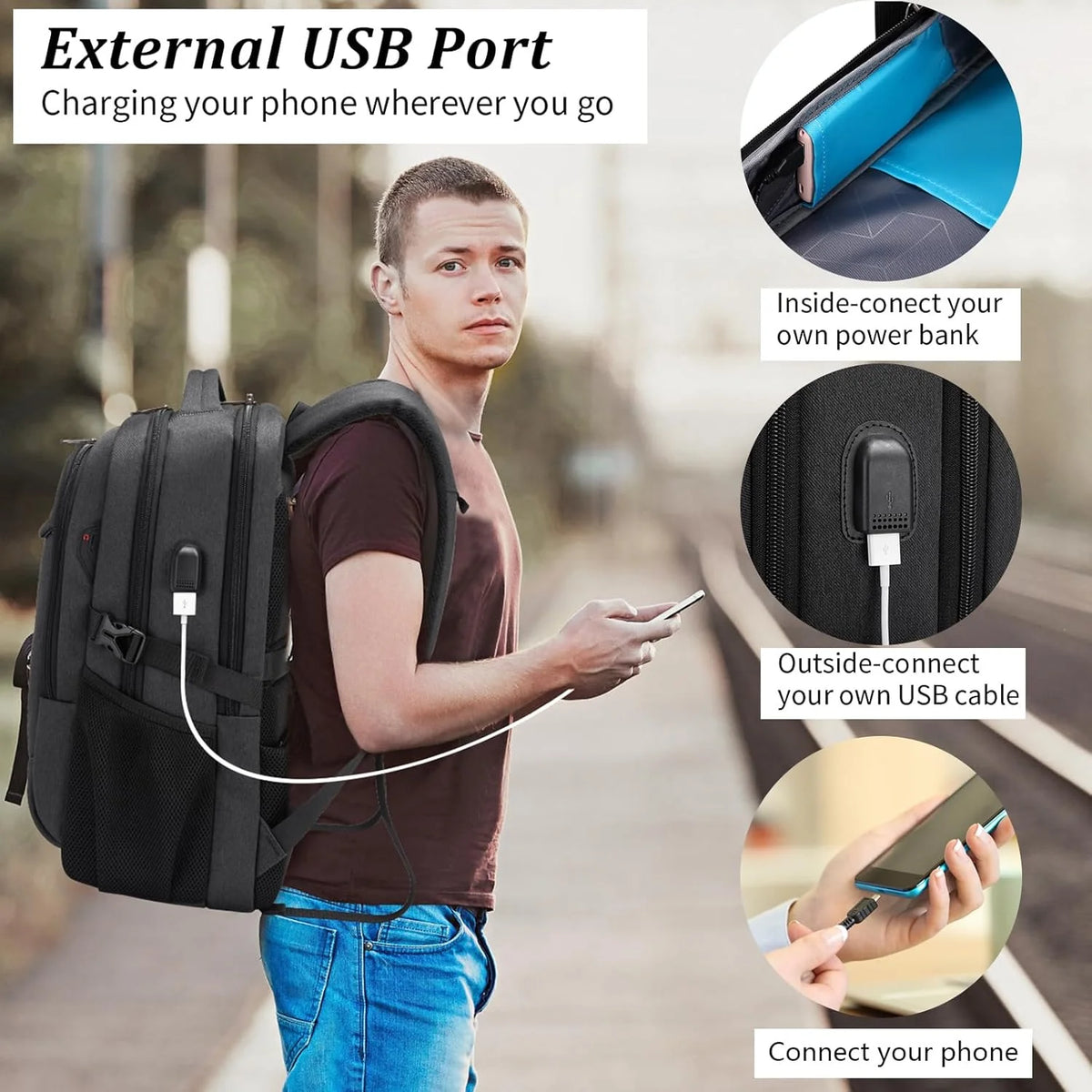 Laptop Backpack Hidden Anti-Theft Pocket Built-In USB Water-Resistant Polyester