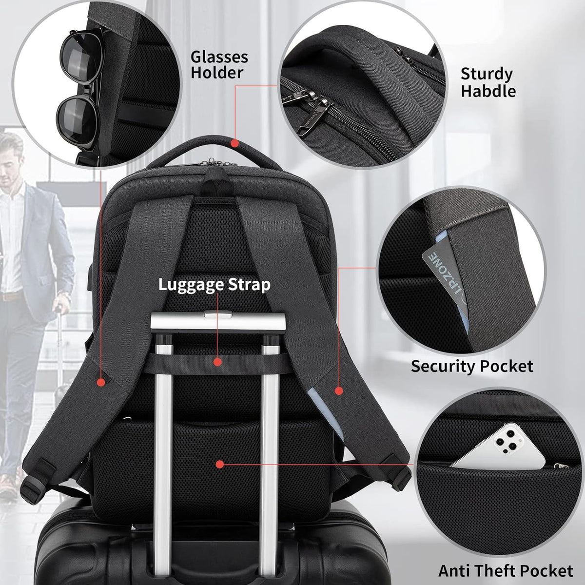 Laptop Backpack Hidden Anti-Theft Pocket Built-In USB Water-Resistant Polyester
