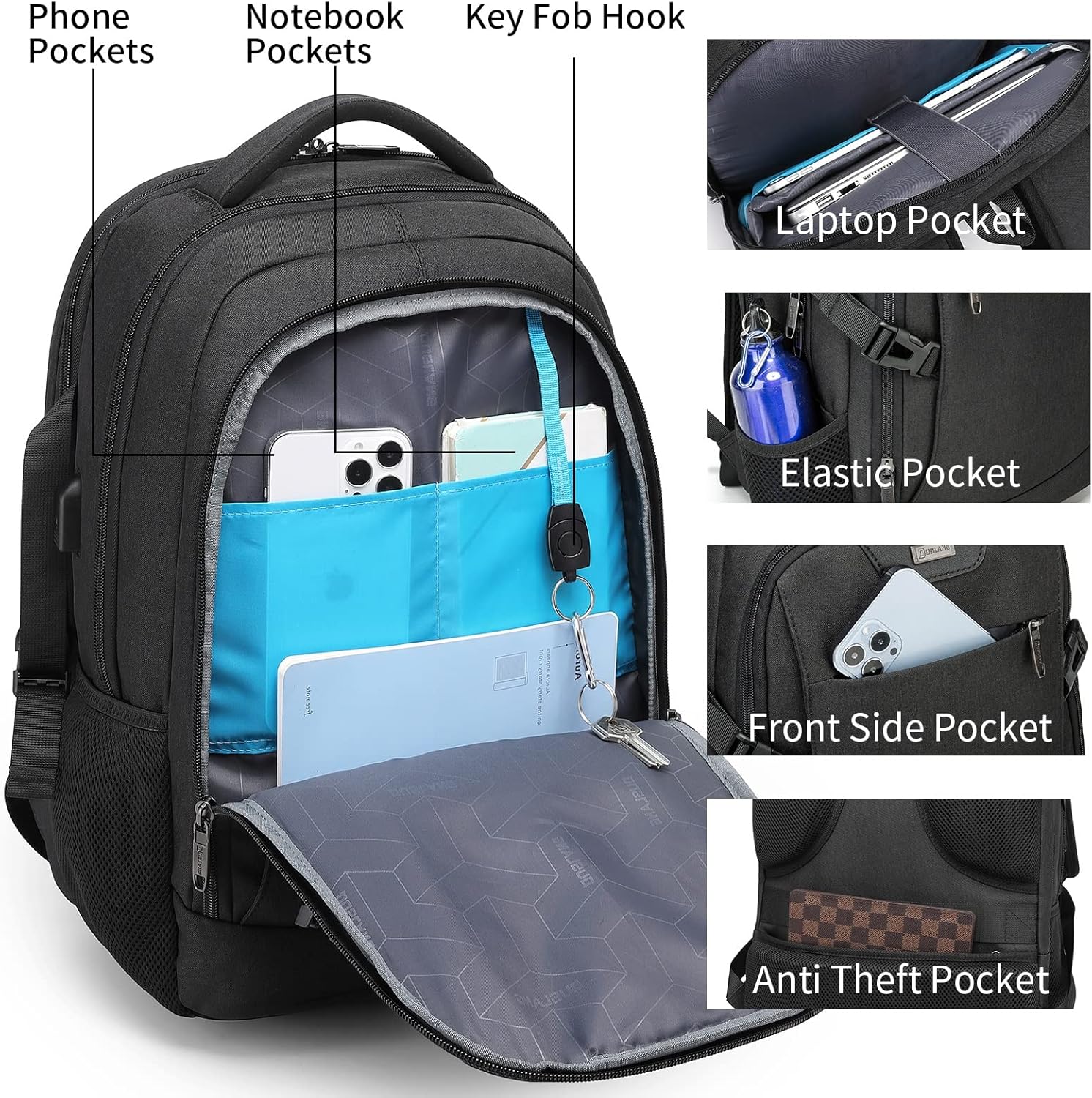 Laptop Backpack Hidden Anti-Theft Pocket Built-In USB Water-Resistant Polyester