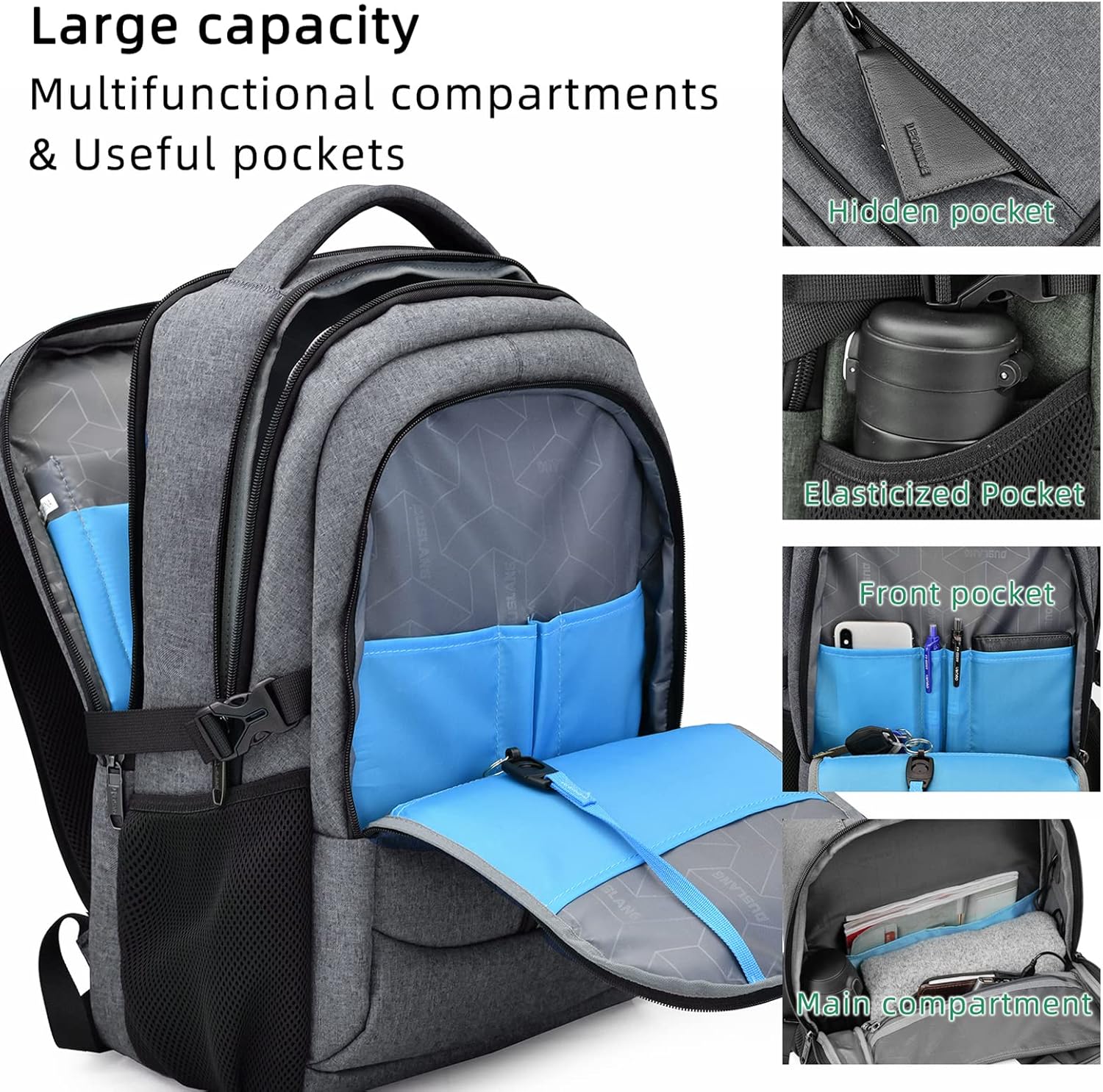 Laptop Backpack Hidden Anti-Theft Pocket Built-In USB Water-Resistant Polyester