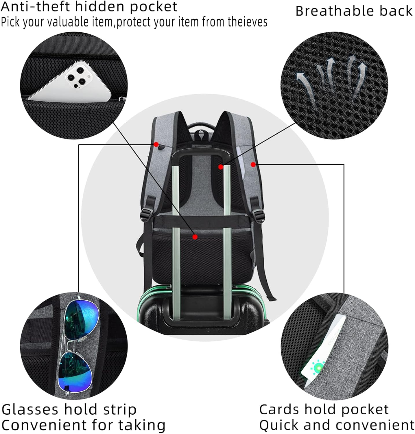 Laptop Backpack Hidden Anti-Theft Pocket Built-In USB Water-Resistant Polyester