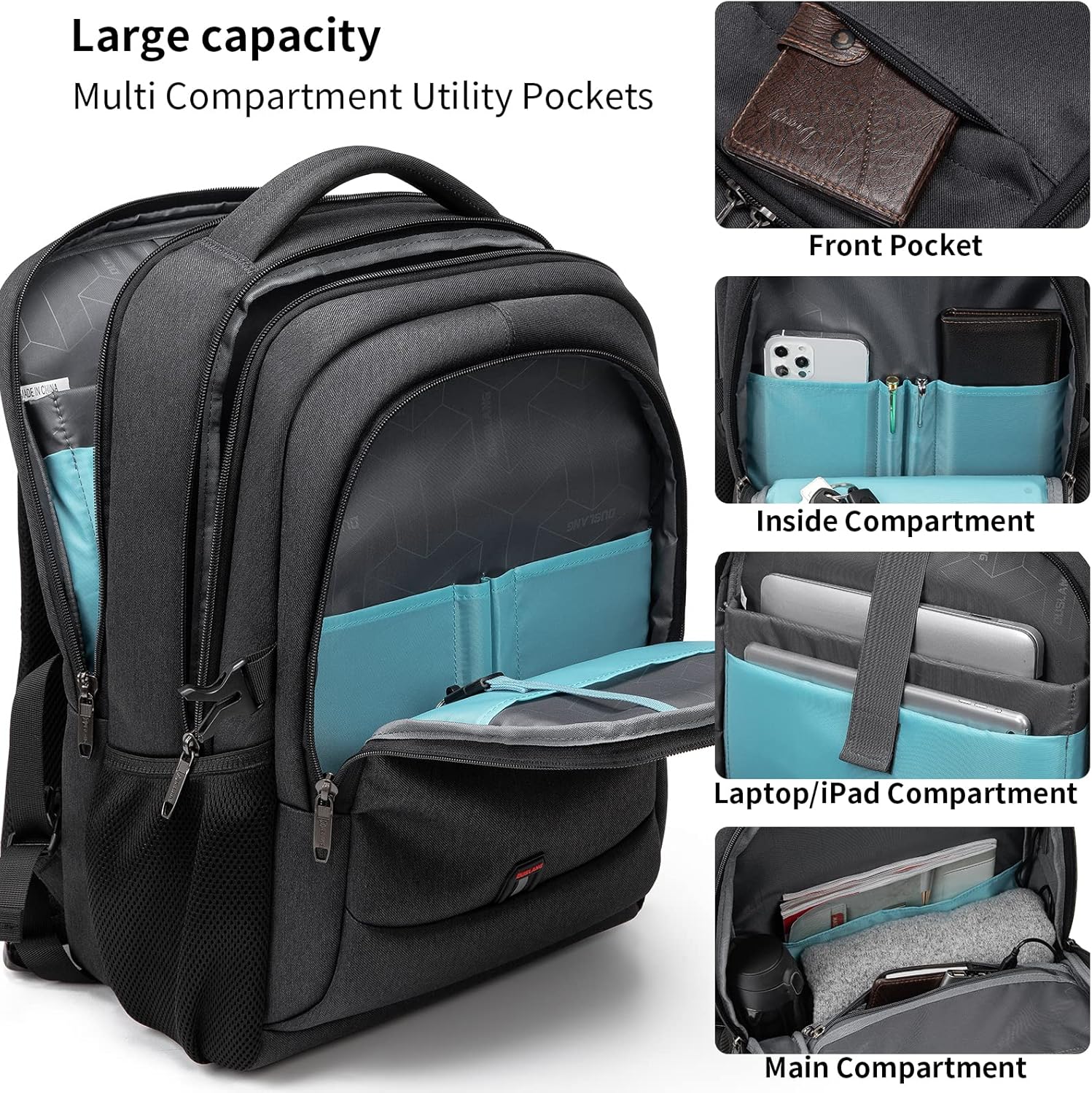 Laptop Backpack Hidden Anti-Theft Pocket Built-In USB Water-Resistant Polyester