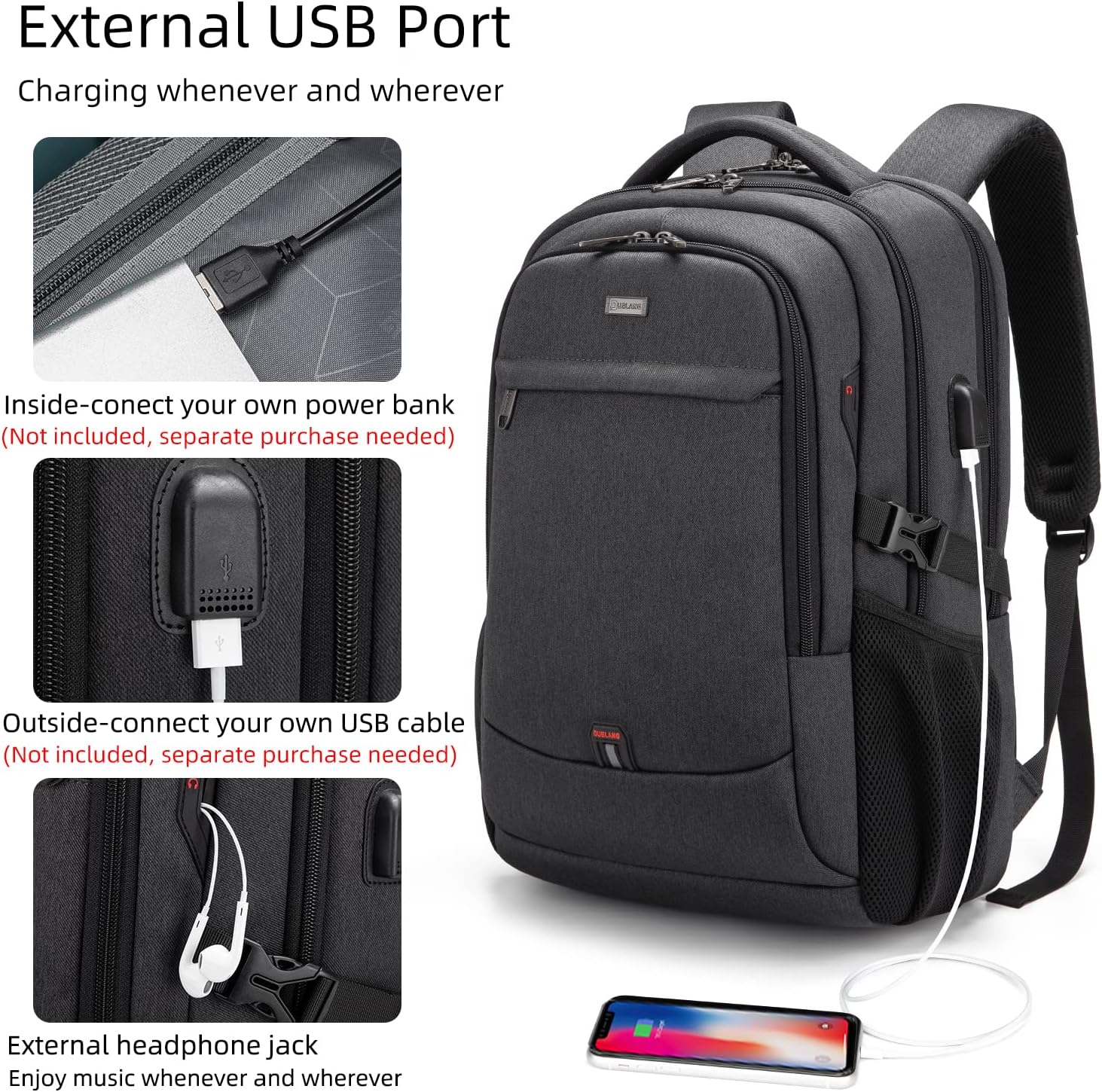 Laptop Backpack Hidden Anti-Theft Pocket Built-In USB Water-Resistant Polyester