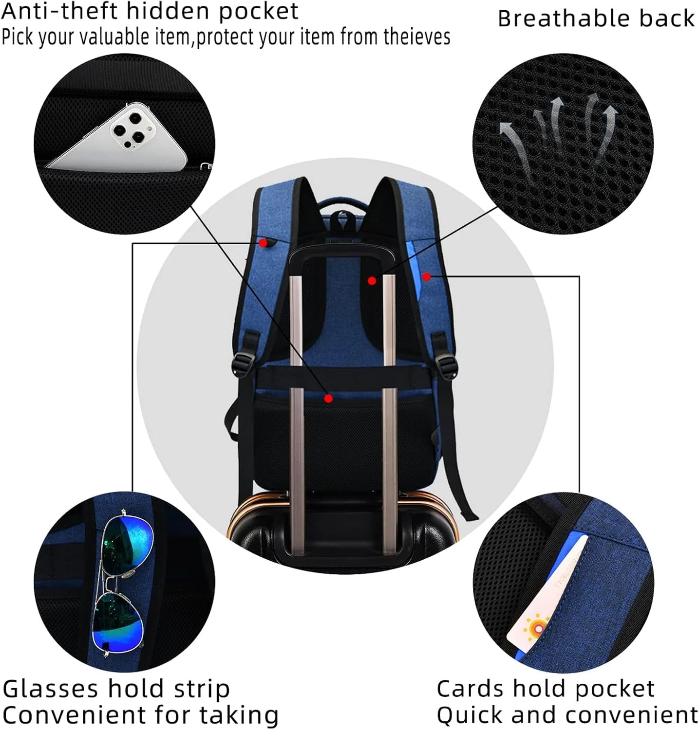 Laptop Backpack Hidden Anti-Theft Pocket Built-In USB Water-Resistant Polyester