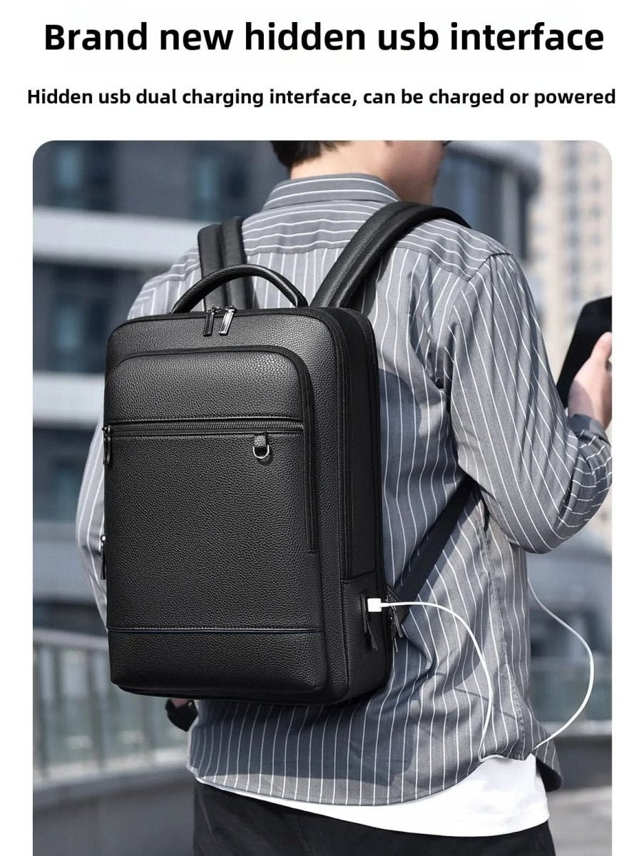 Laptop Backpack PU Leather USB Charging 15.6-Inch