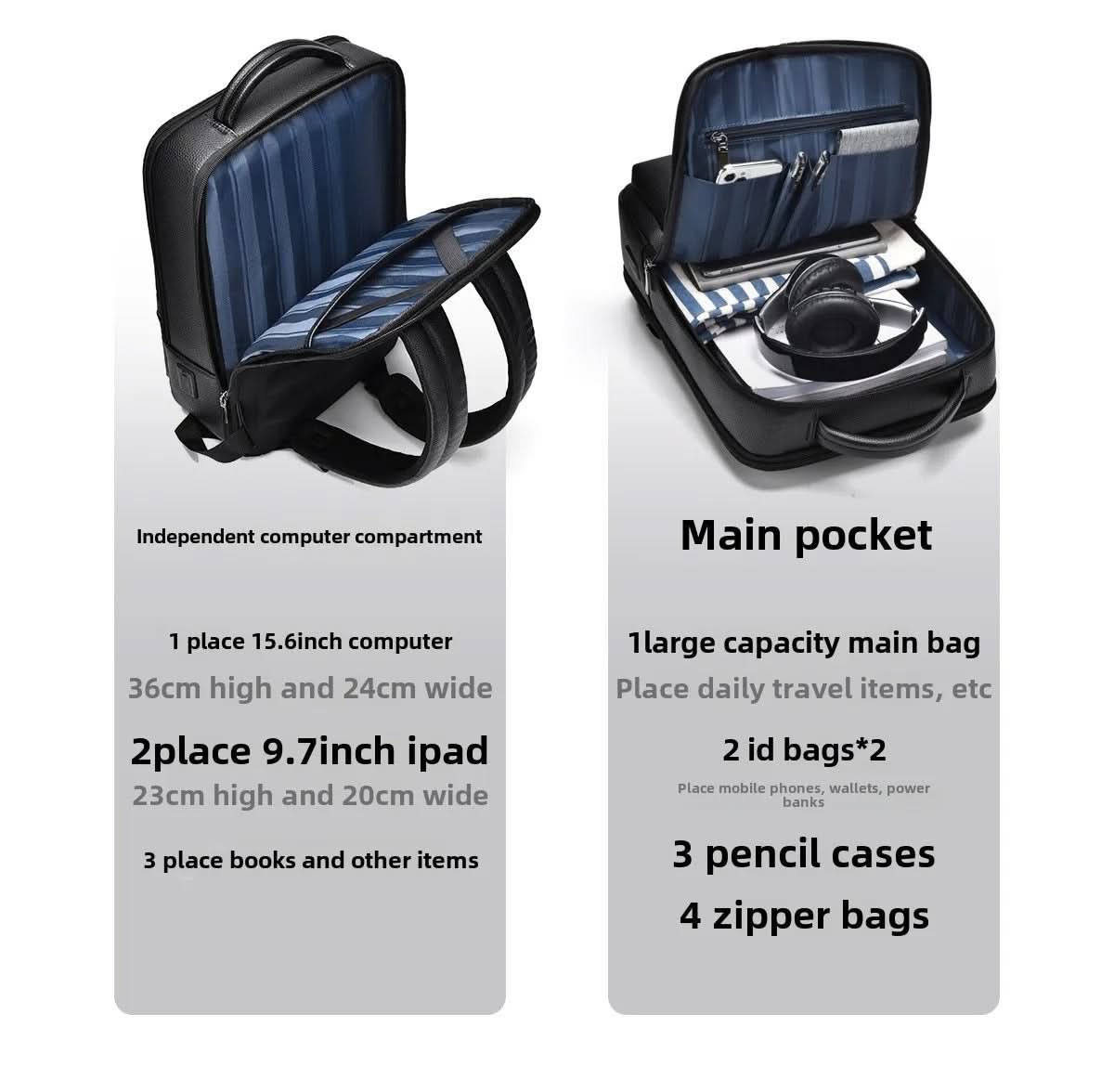 Laptop Backpack PU Leather USB Charging 15.6-Inch