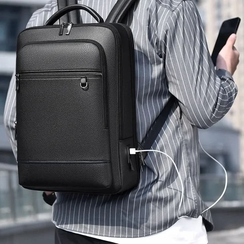 Laptop Backpack PU Leather USB Charging 15.6-Inch