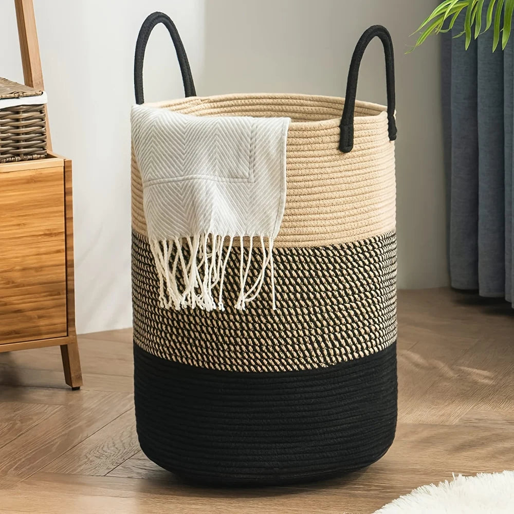 Laundry Basket Extra-Tall Cotton Rope Reinforced Handles