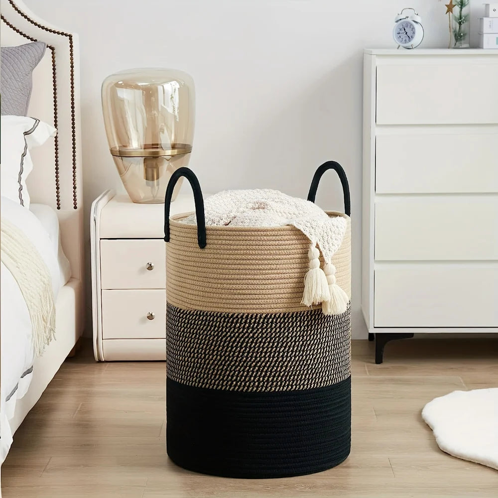 Laundry Basket Extra-Tall Cotton Rope Reinforced Handles