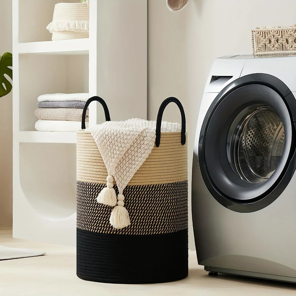 Laundry Basket Extra-Tall Cotton Rope Reinforced Handles