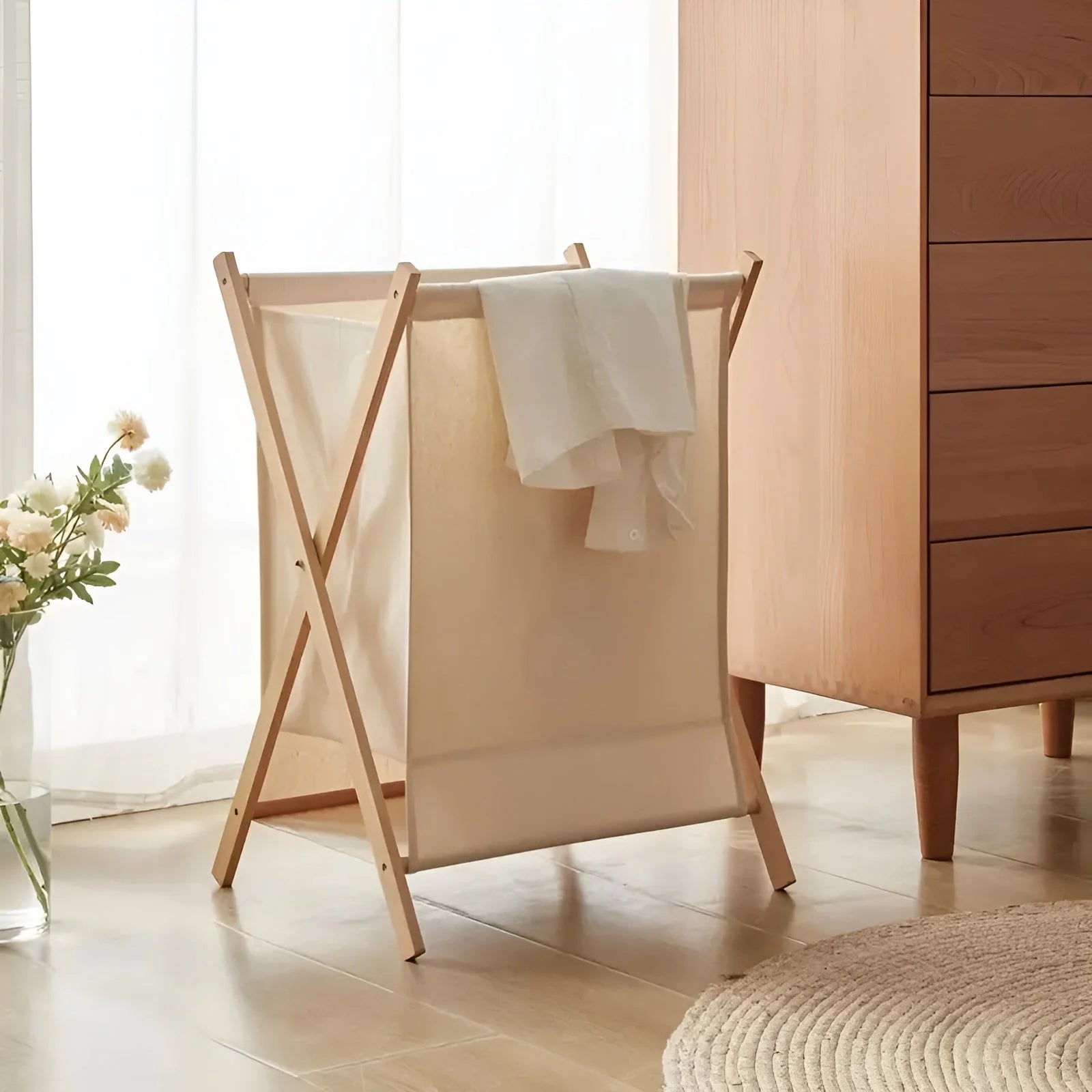 Laundry Basket Foldable Solid Wood Removable Washable Fabric Bag