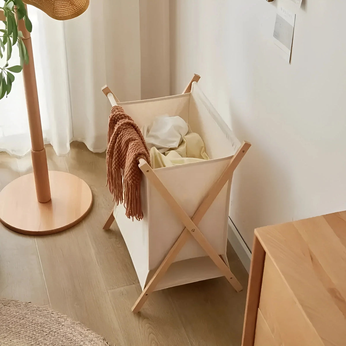 Laundry Basket Foldable Solid Wood Removable Washable Fabric Bag