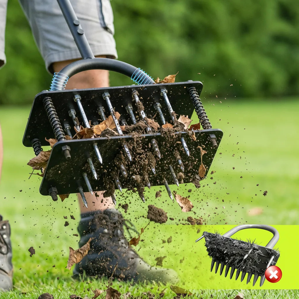 Lawn Aerator 15 Tines Height-Adjustable & Self-Cleaning