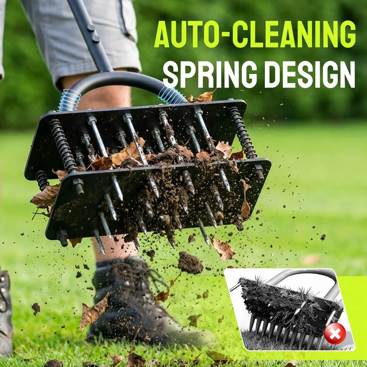 Lawn Aerator Self-Cleaning Double-Spring 15 Steel Spikes