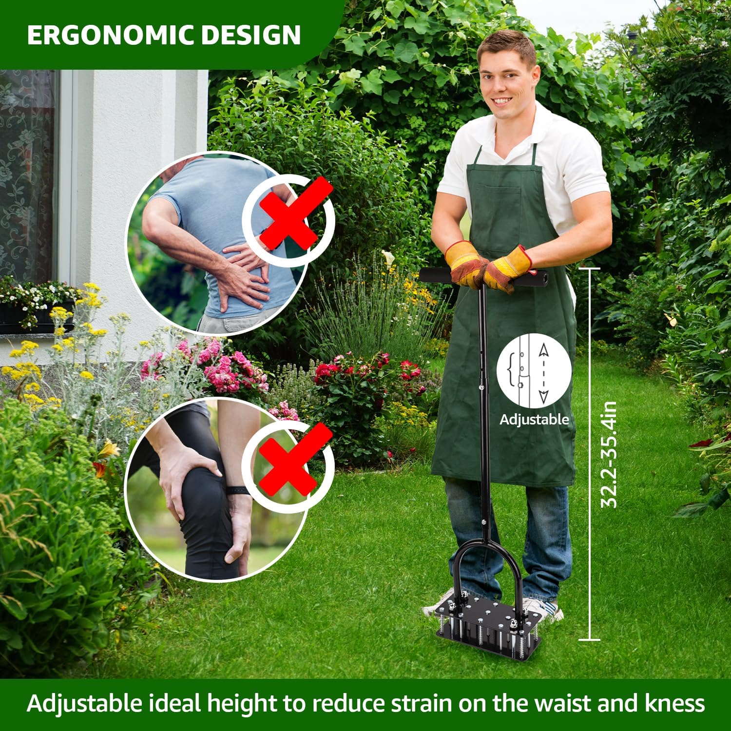 Lawn Aerator Self-Cleaning Double-Spring 15 Steel Spikes