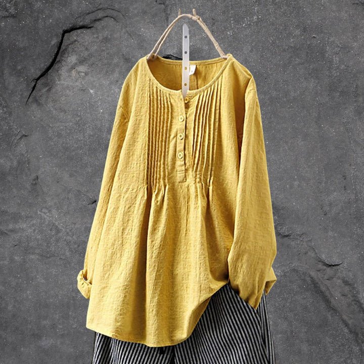Long-Sleeve Blouse Pleated Cotton-Linen Loose Fit