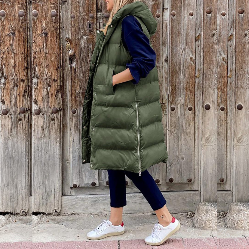 Long Sleeveless Coat Hooded Weatherproof Zip Front