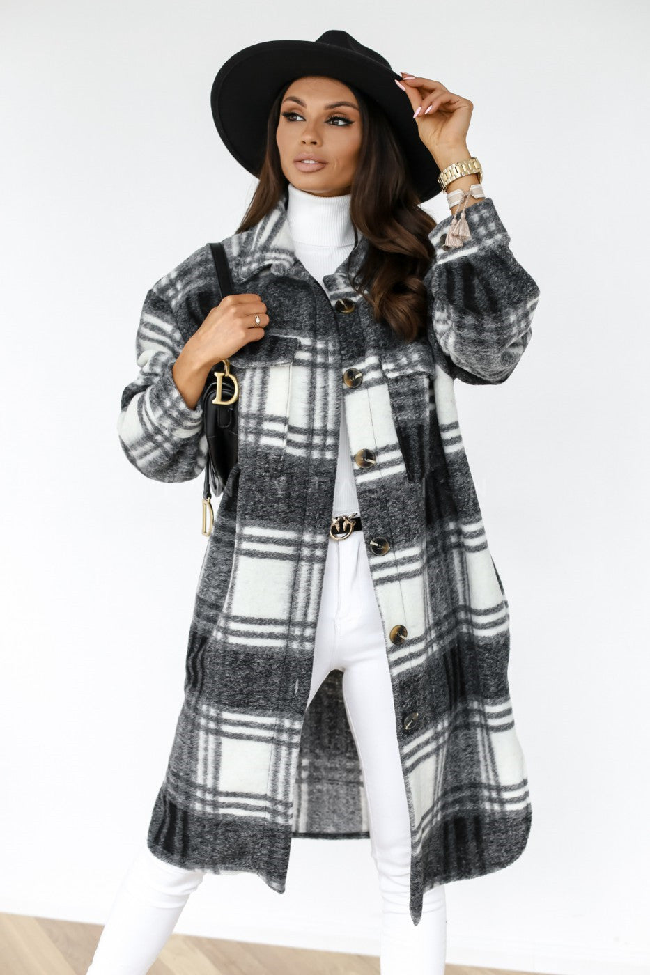 Long Wool Blend Coat Plaid Button Lapel