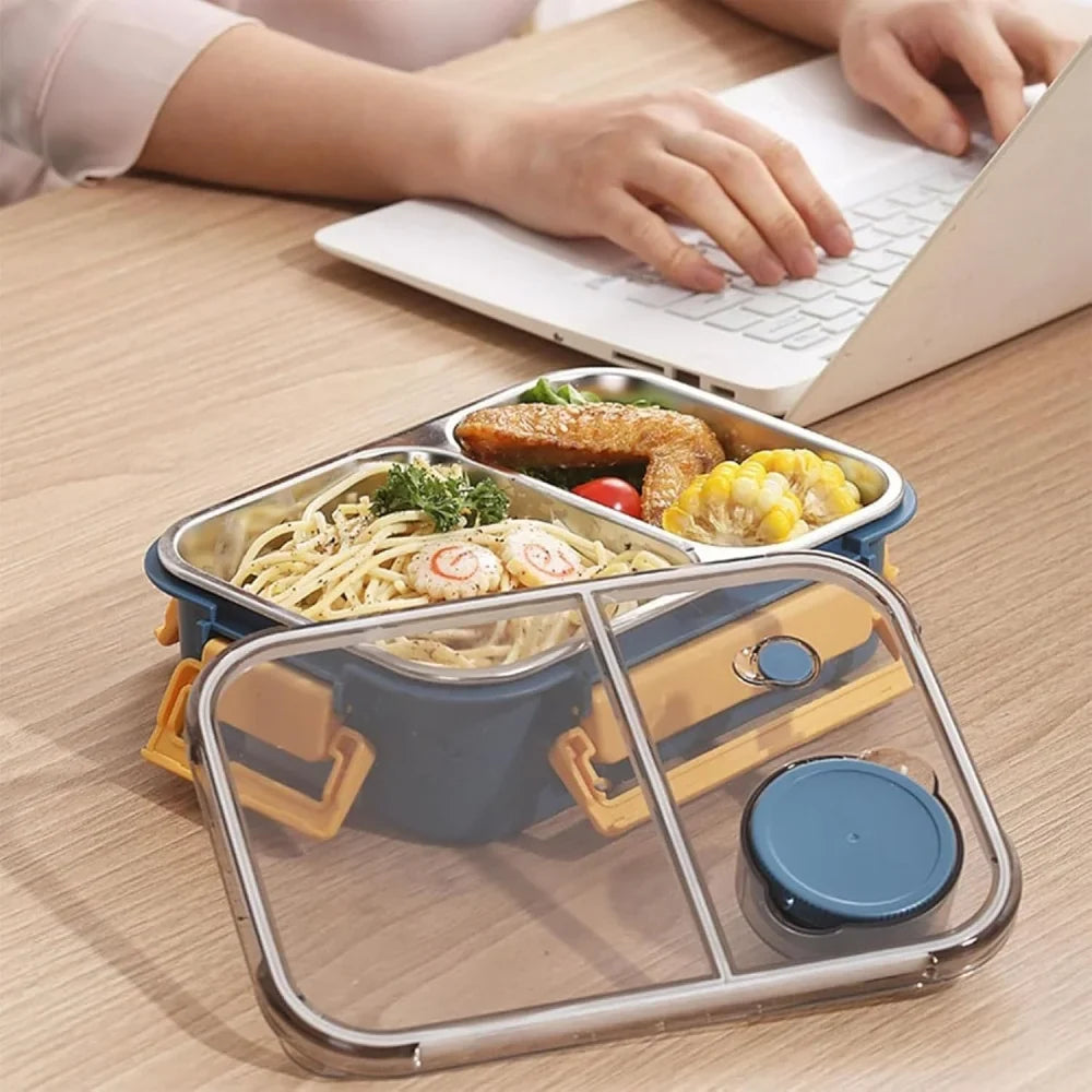 Lunch Box 3-Compartment Stainless Steel & Cutlery Drawer