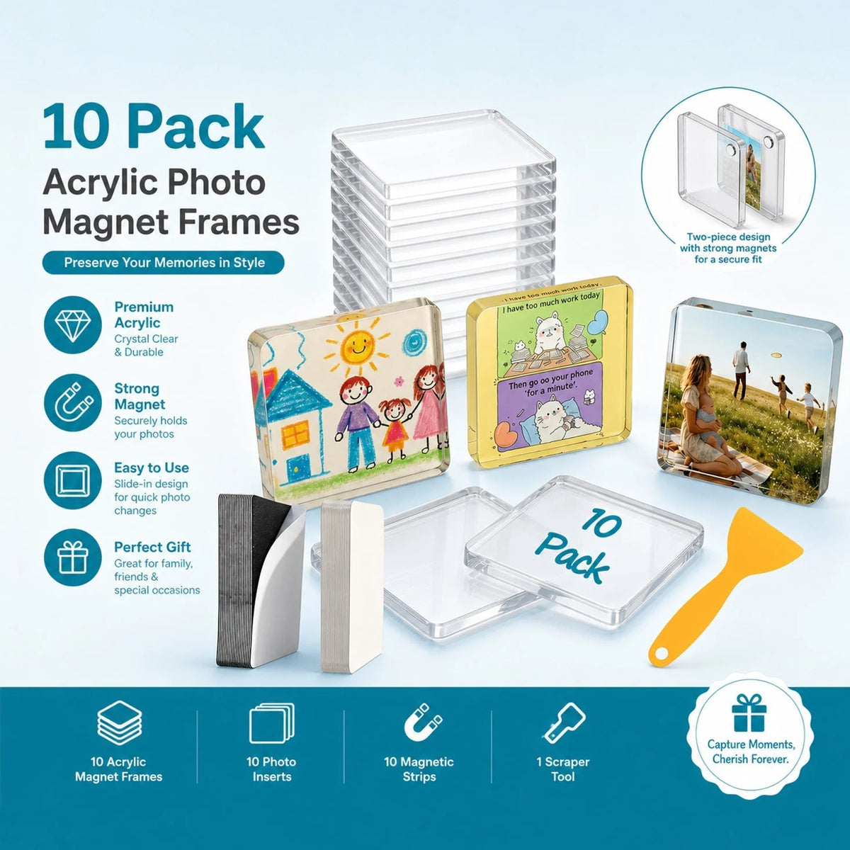 Magnetic Photo Frame Crystal-Clear Acrylic & Peel-And-Stick