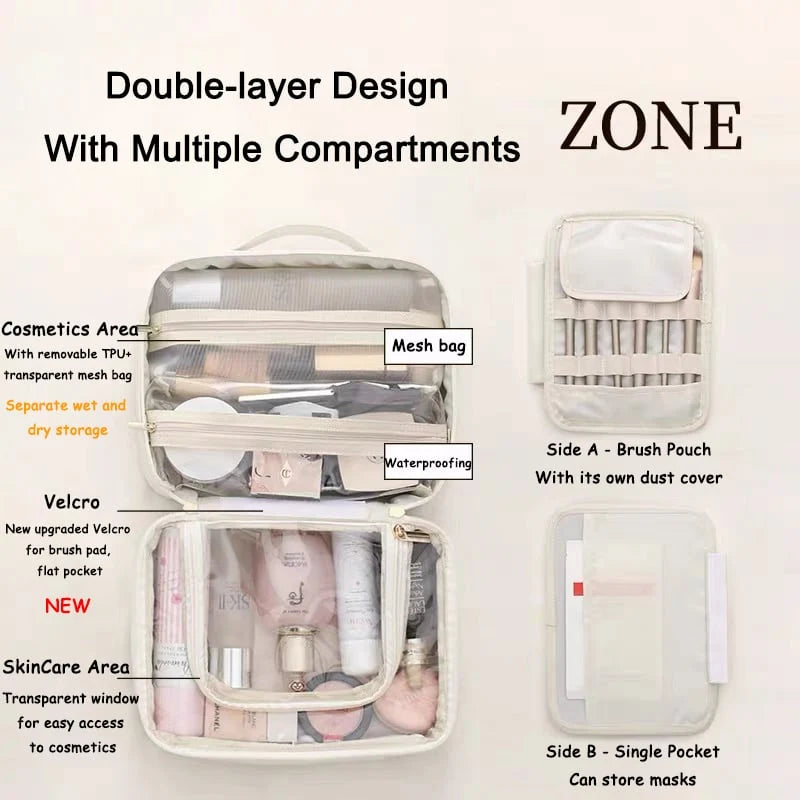 Makeup Bag Clear Compartments Water-Resistant Travel Organizer