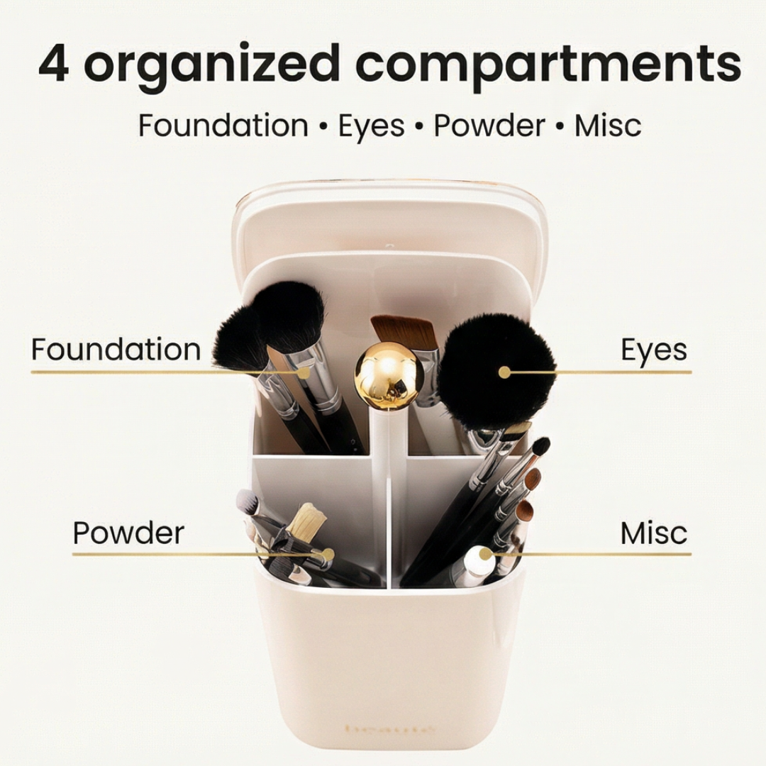 Makeup Brush Holder 4-Compartment Spring-Loaded Lift & Dustproof Lid