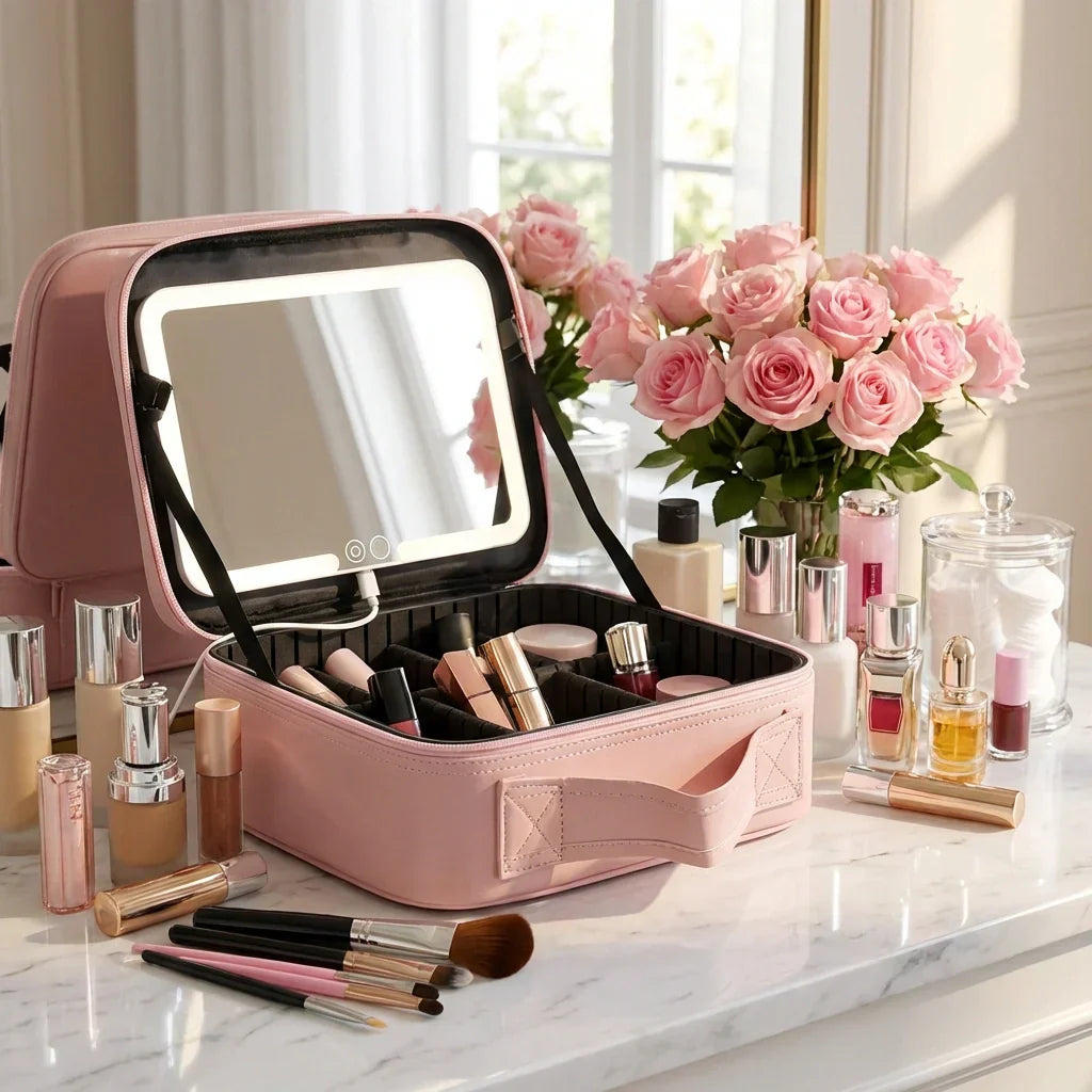 Makeup Case Touch-Sensor LED Mirror USB Rechargeable Adjustable Dividers