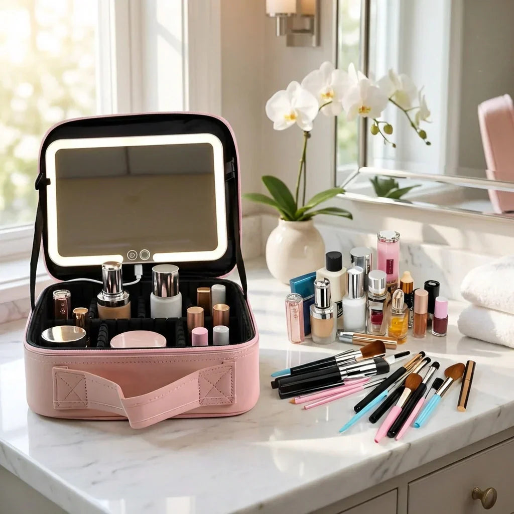 Makeup Case Touch-Sensor LED Mirror USB Rechargeable Adjustable Dividers