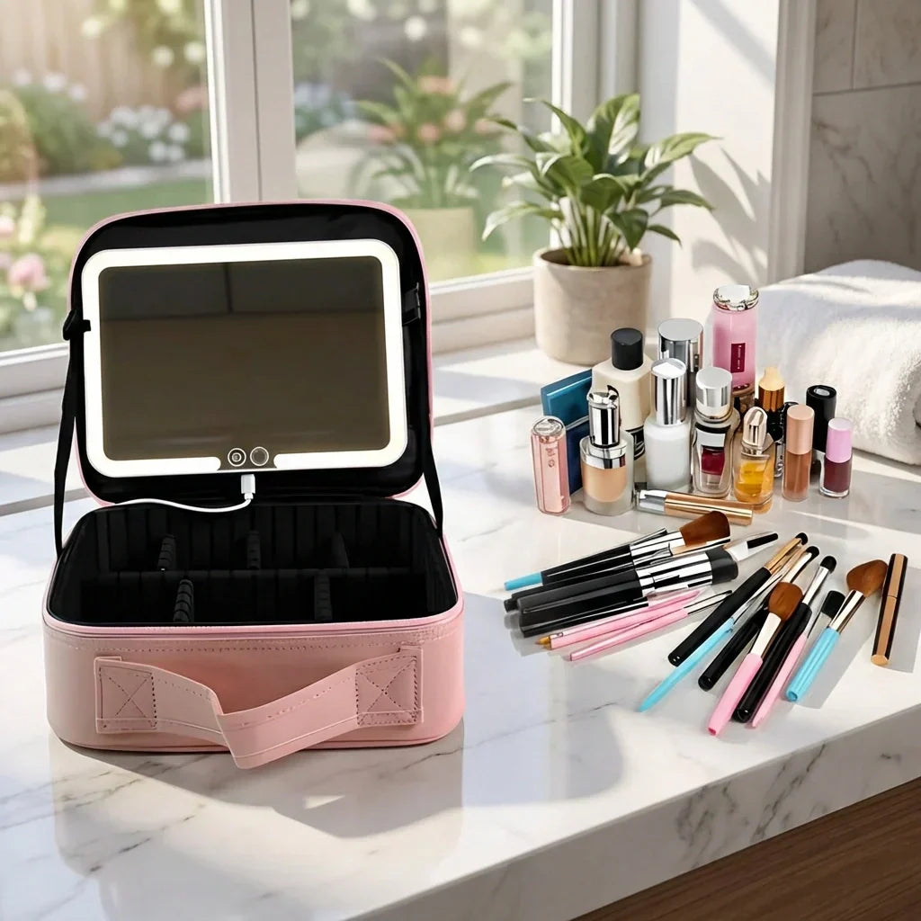 Makeup Case Touch-Sensor LED Mirror USB Rechargeable Adjustable Dividers