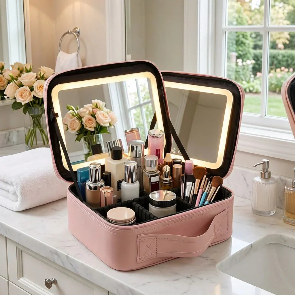 Makeup Case Touch-Sensor LED Mirror USB Rechargeable Adjustable Dividers