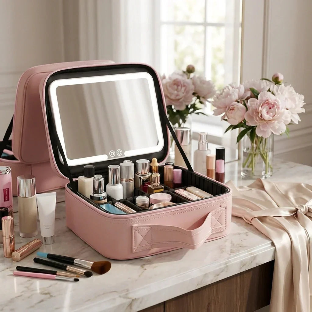 Makeup Case Touch-Sensor LED Mirror USB Rechargeable Adjustable Dividers