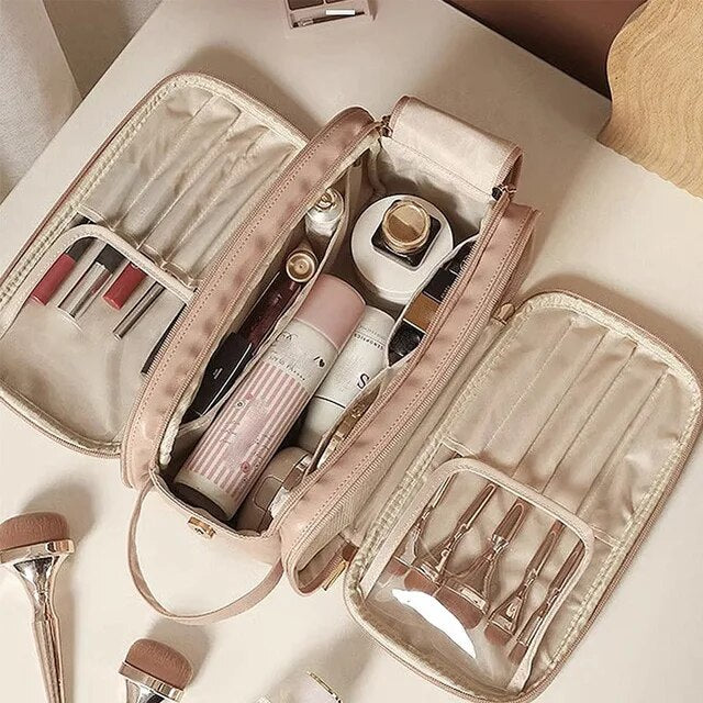 Makeup Organizer Bag Leather Clear Pockets & Adjustable Dividers