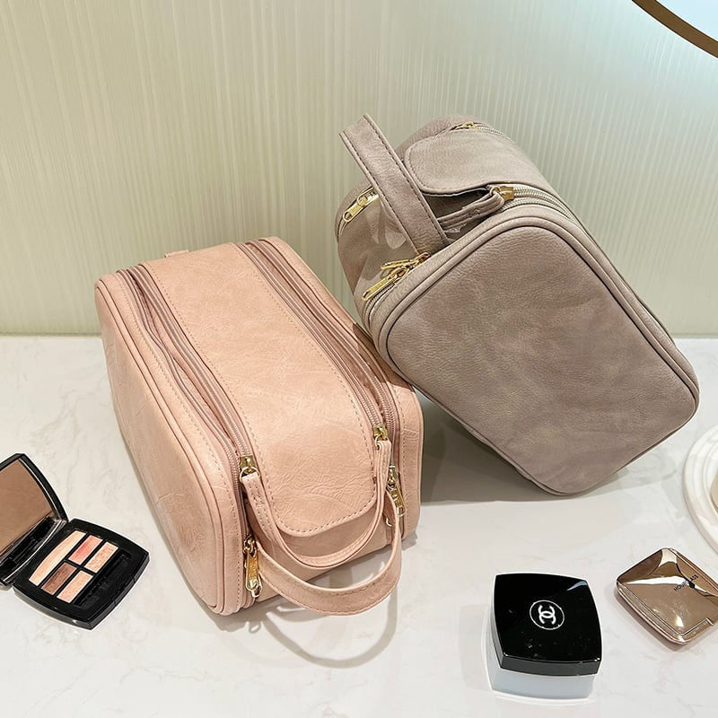Makeup Organizer Bag Leather Clear Pockets & Adjustable Dividers