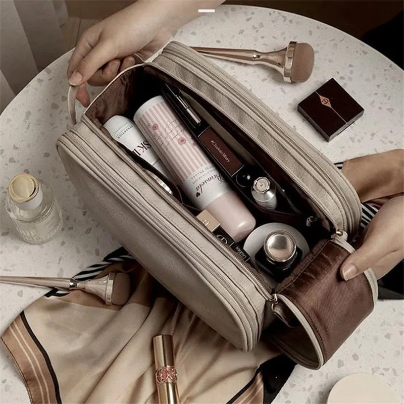 Makeup Organizer Bag Leather Clear Pockets & Adjustable Dividers