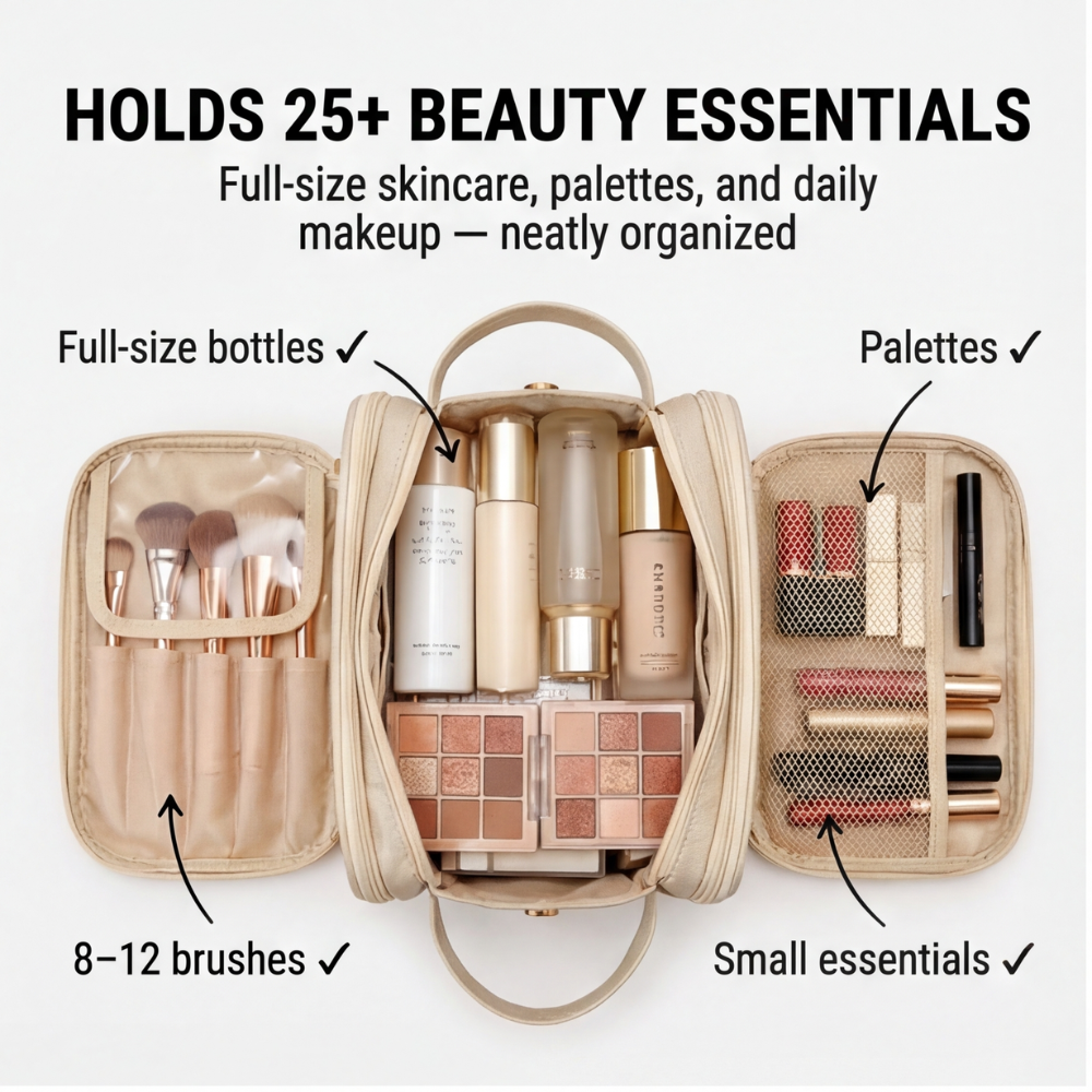 Makeup Organizer Flat-Folding Dual-Zip Integrated Brush Protectors