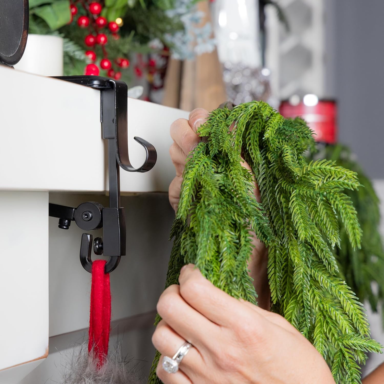 Mantel Stocking Holder Adjustable Double Hooks & Rubber Pads
