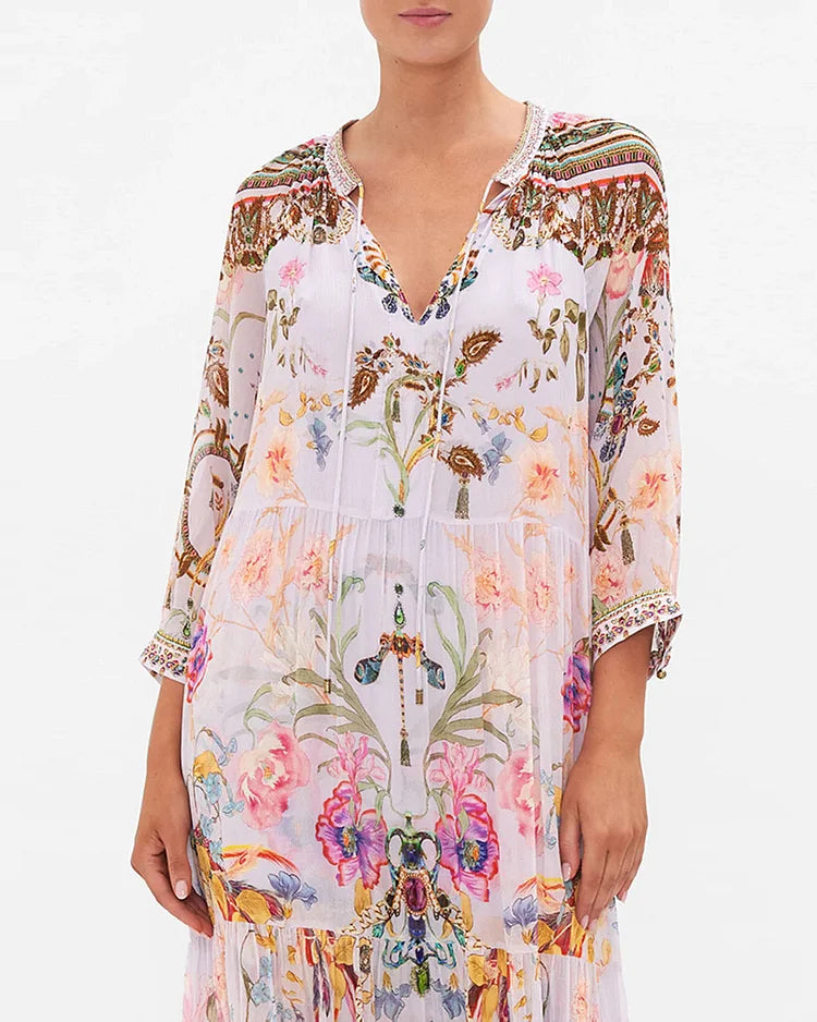 Maxi Dress 100% Silk Peacock Print Hand-Embellished Crystals