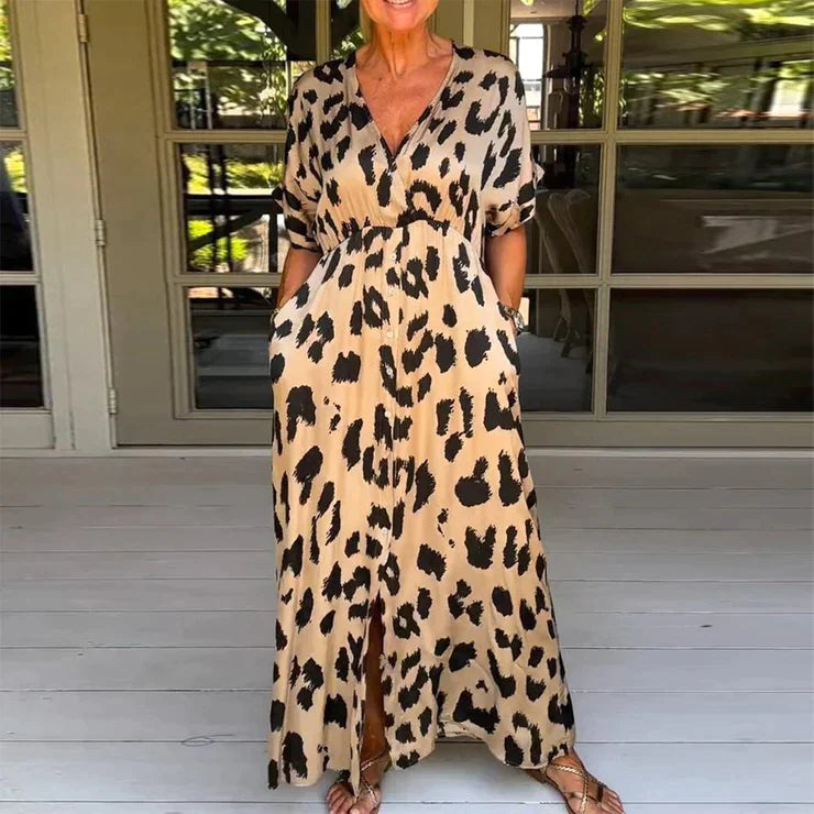 Maxi Dress Leopard Print V-Neck A-Line