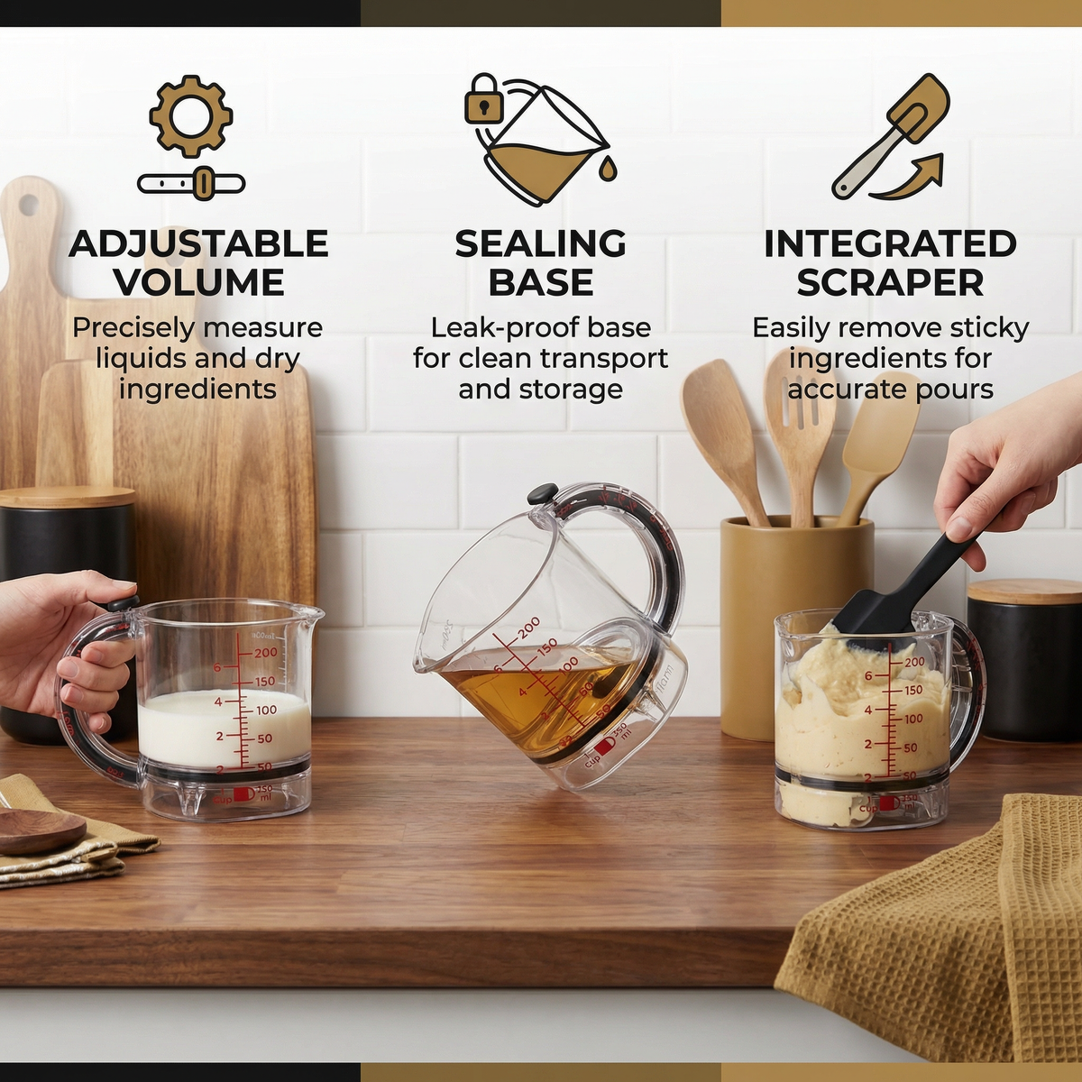 Measuring Cup Adjustable System Integrated Scraper & Non-Slip Base