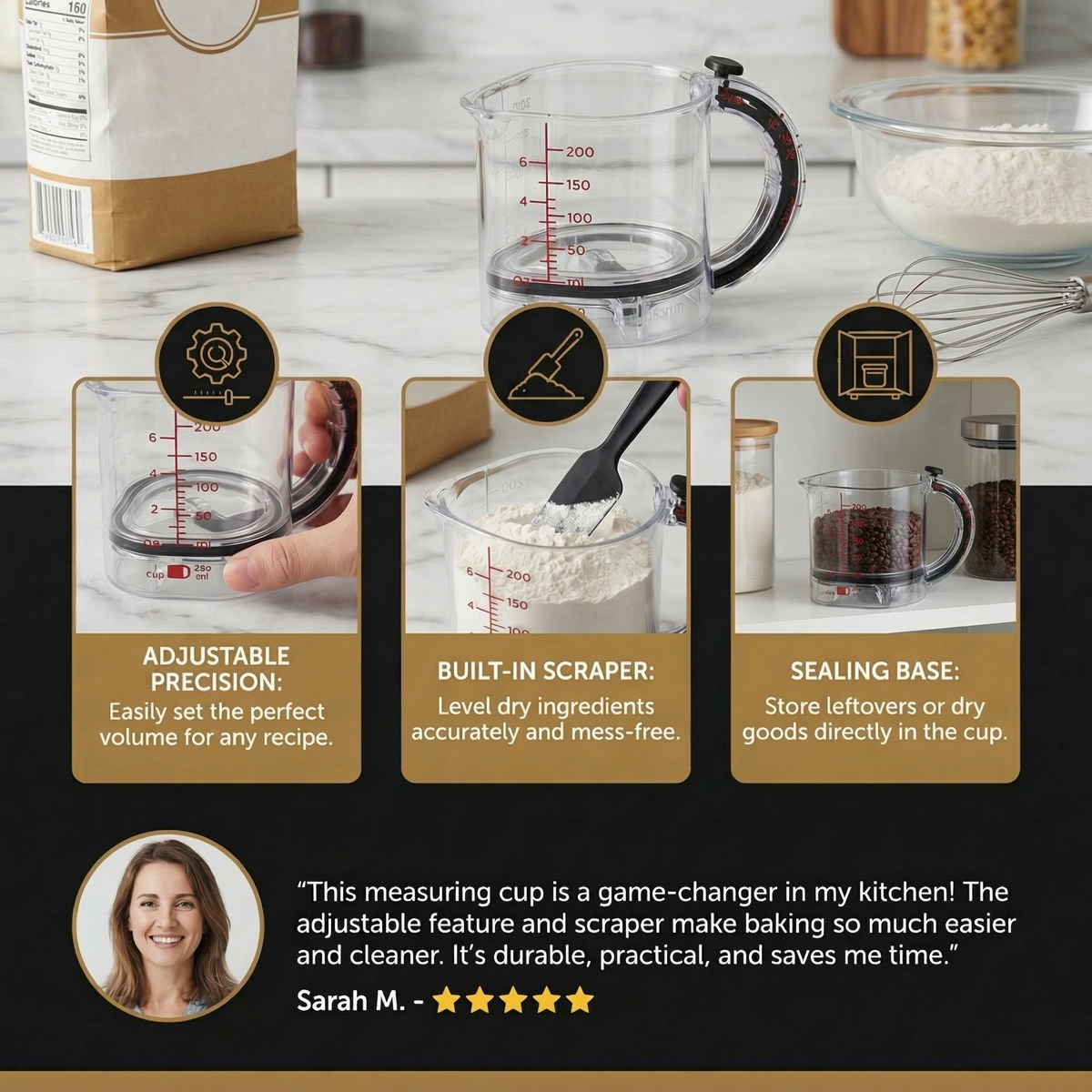 Measuring Cup Adjustable System Integrated Scraper & Non-Slip Base