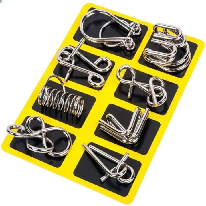 Metal Puzzle Set Interlocking Nickel-Plated 8-Piece