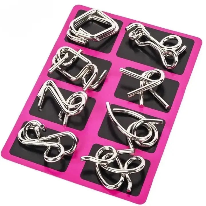 Metal Puzzle Set Interlocking Nickel-Plated 8-Piece
