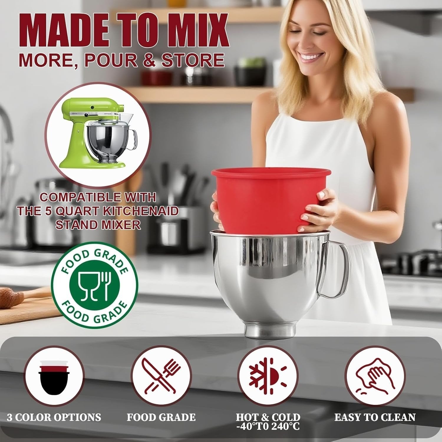 Mixing Bowl Insert Food-Grade Silicone Dishwasher-Safe Fits 4.5-5 Quart