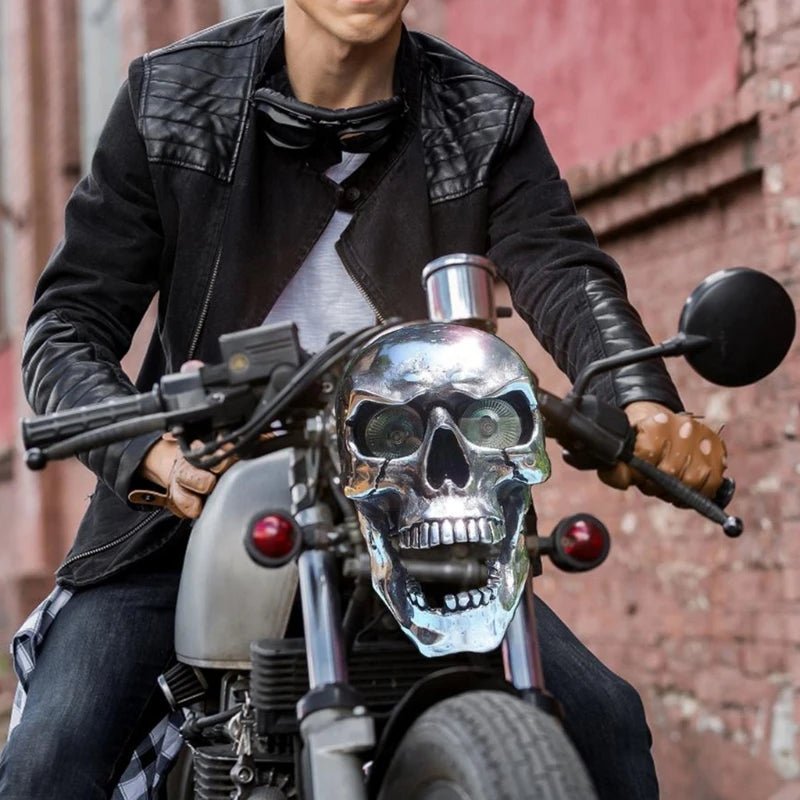 Motorcycle Headlight Skull Design Glowing LED Eyes Chrome-Plated Metal