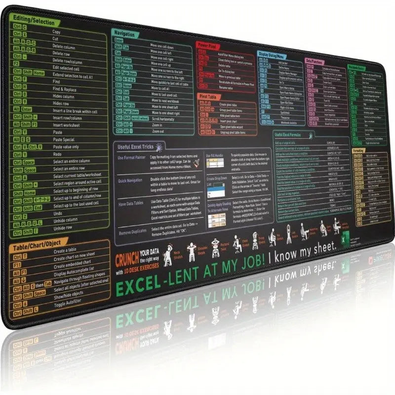 Mousepad XL Excel Shortcuts Polyester Surface & Non-Slip Base